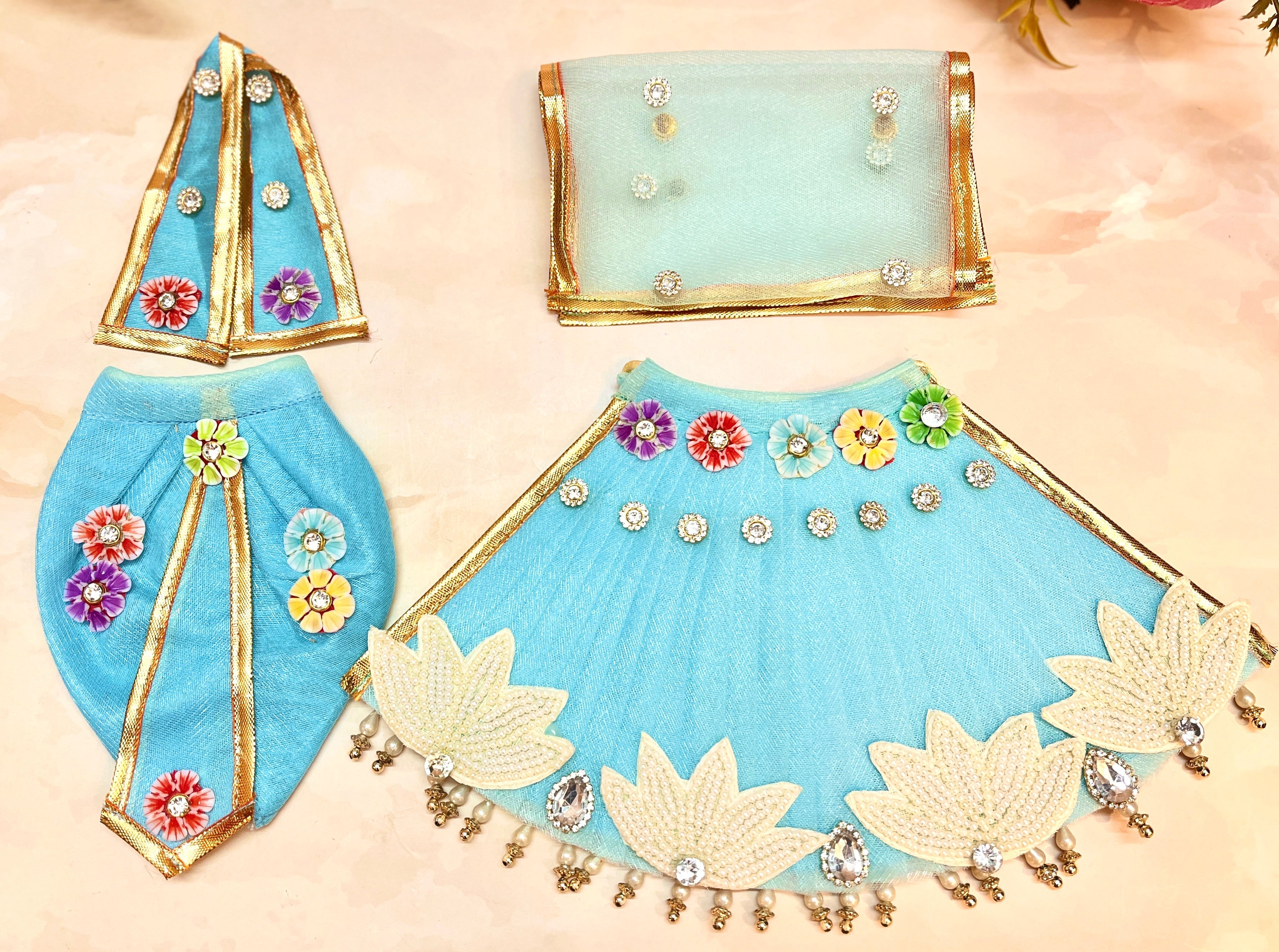 RK /Laxmi ji & Ganesh ji Set Pastel Blue Lehenga & Dhoti - 6 piece set