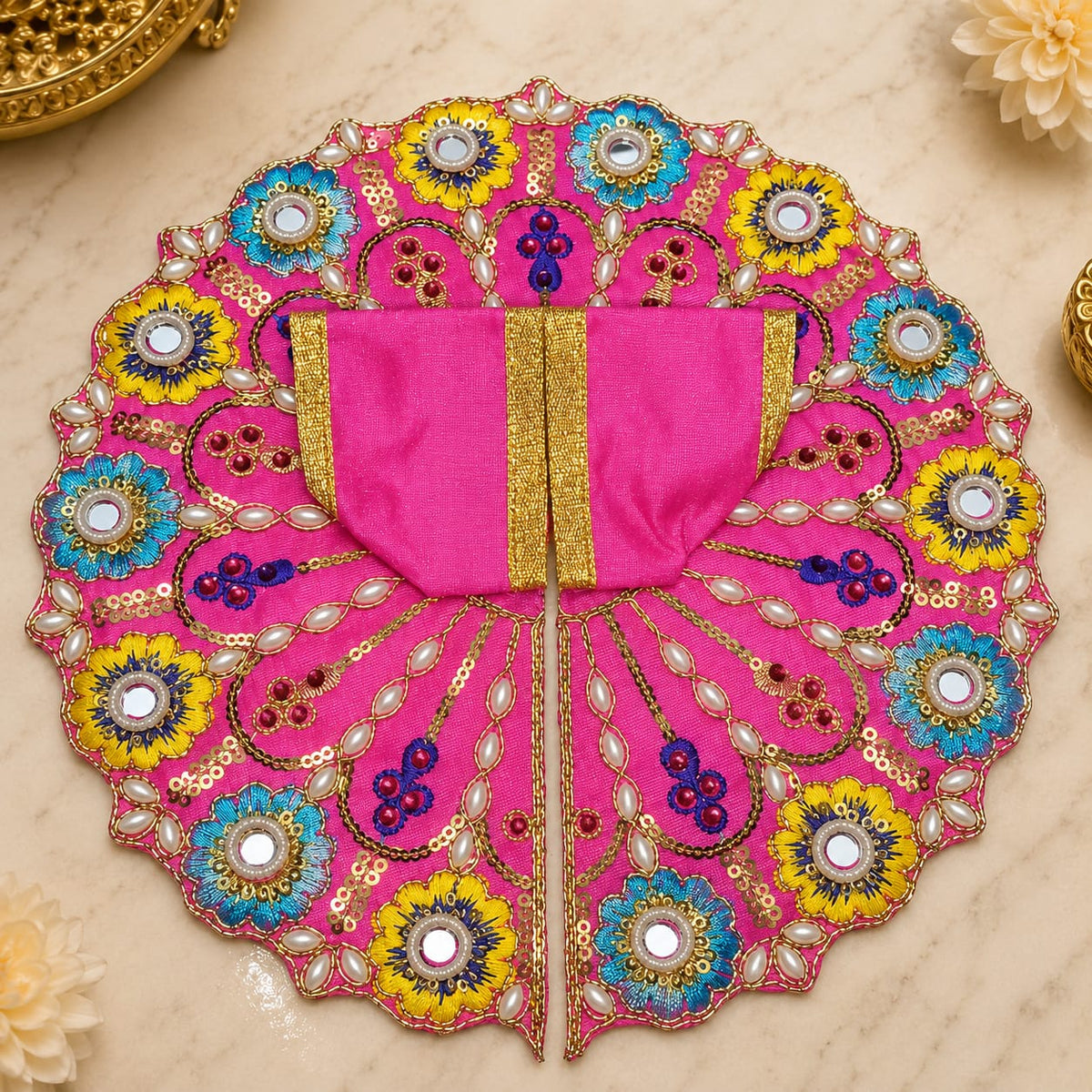 Pink Laddu Gopal Poshak with colourful floral embroidery and golden detailing