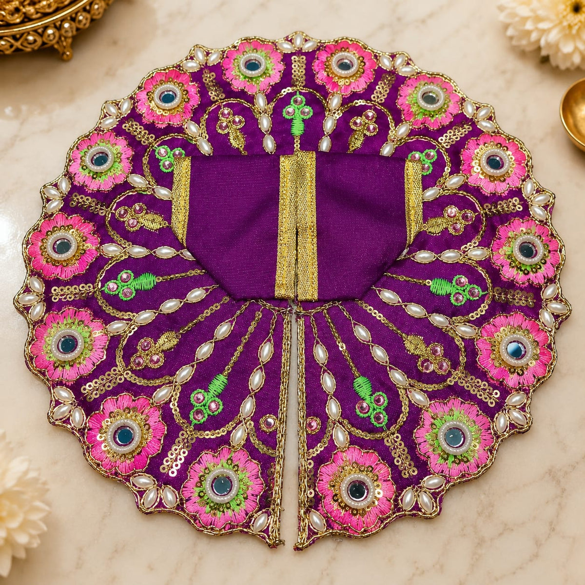 Purple Laddu Gopal Poshak with pink floral embroidery and golden detailing