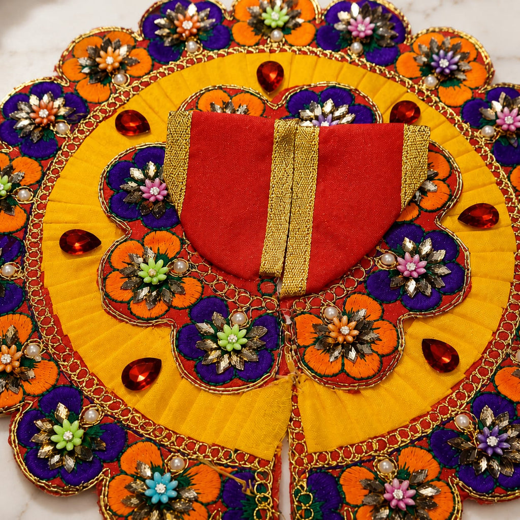Royal Rangoli Floral Laddu Gopal Poshak in yellow red purple with handcrafted floral embroidery and golden embellishments