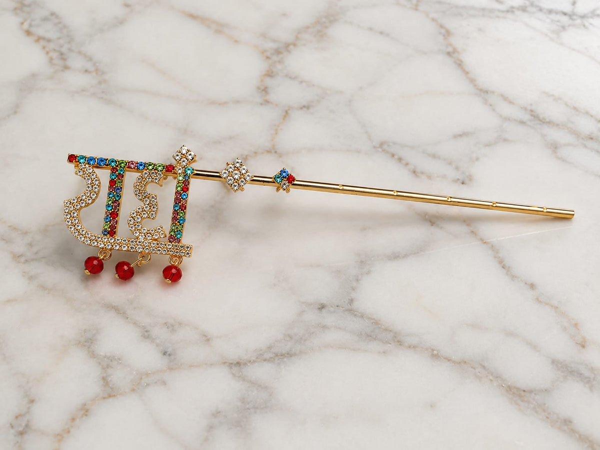 Royal Krishna Bansuri with multicolor Kundan stones, crystal detailing and red bead embellishments