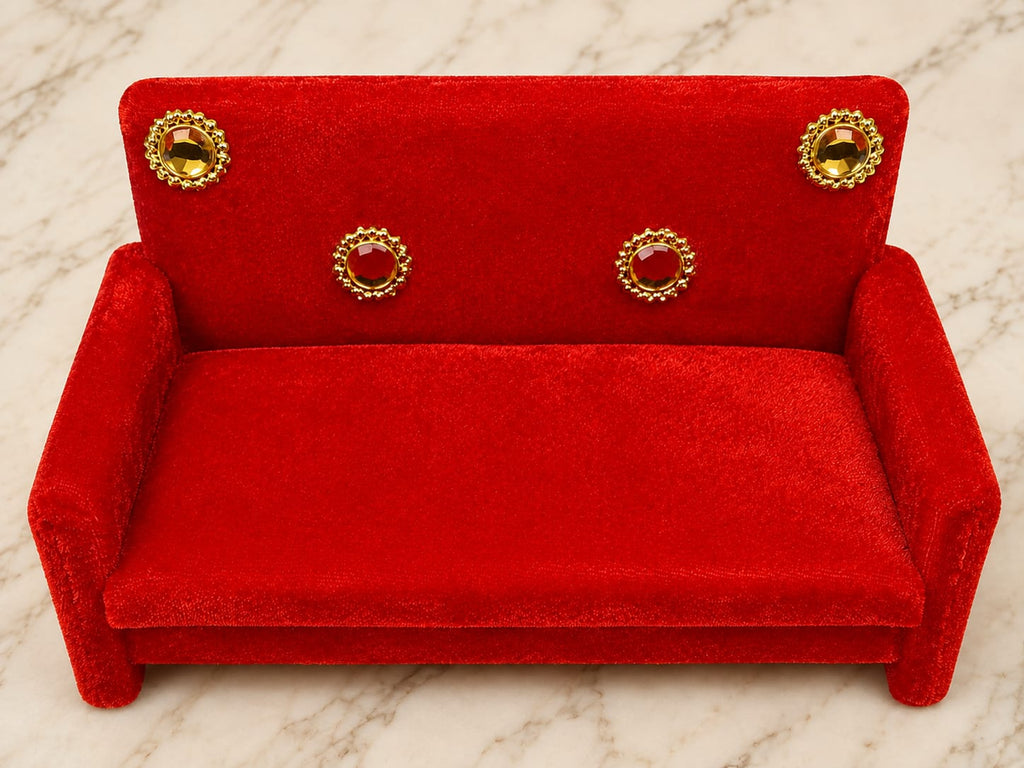 Red velvet Krishna Ji sofa with golden stone detailing for Laddu Gopal
