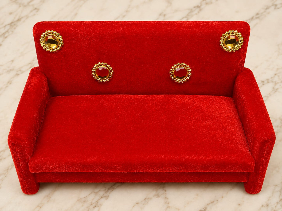 Red velvet Krishna Ji sofa with golden stone detailing for Laddu Gopal