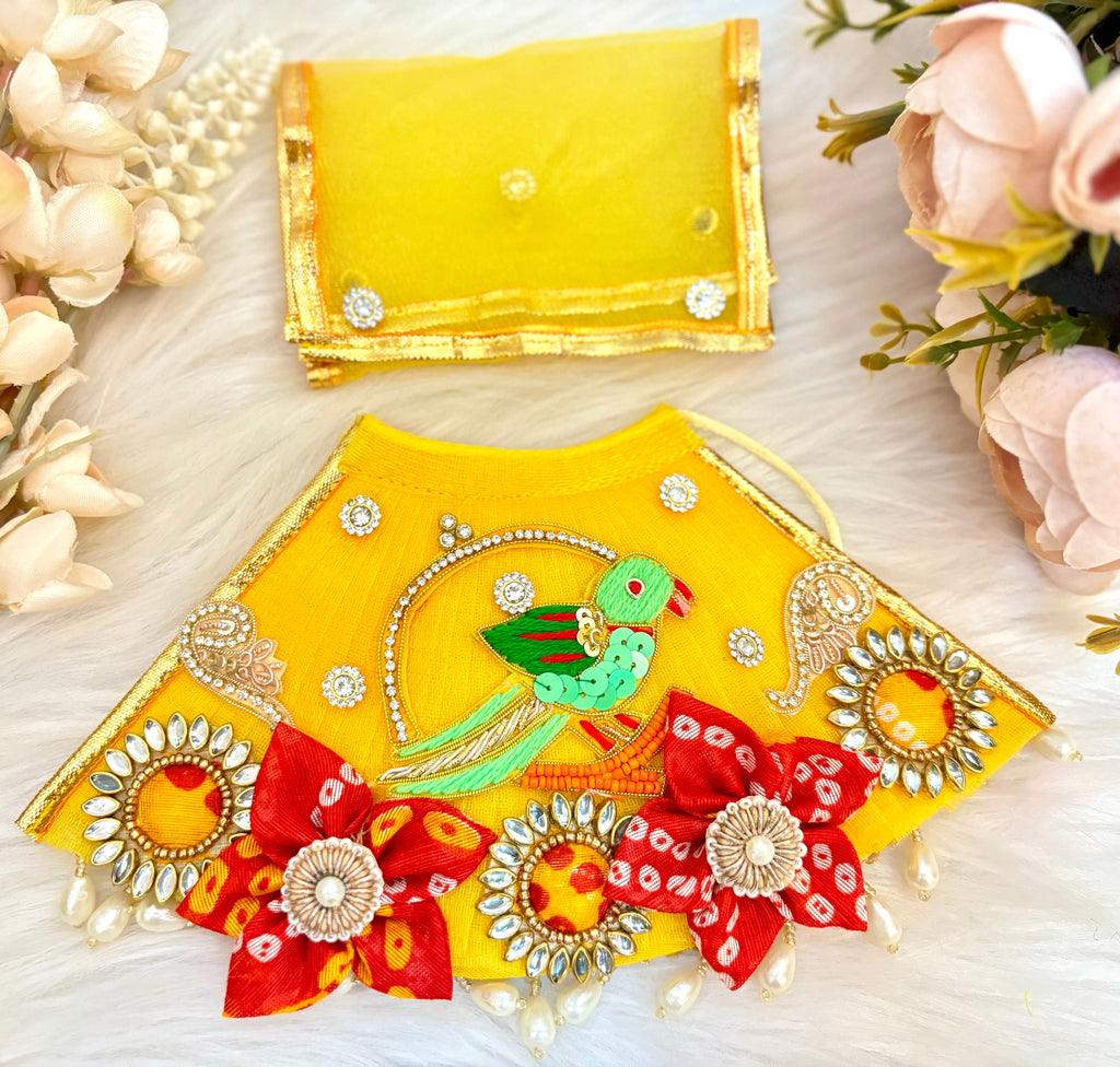 RK /Laxmi ji & Ganesh ji Set Yellow Parrot Lehenga & Dhoti - 6 piece set