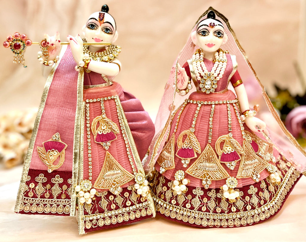 RK / Yugal Sarkar/ Laxmi ji & Ganesh ji Set Peach-Pink Divine Bells Lehenga & Dhoti - 6 piece set