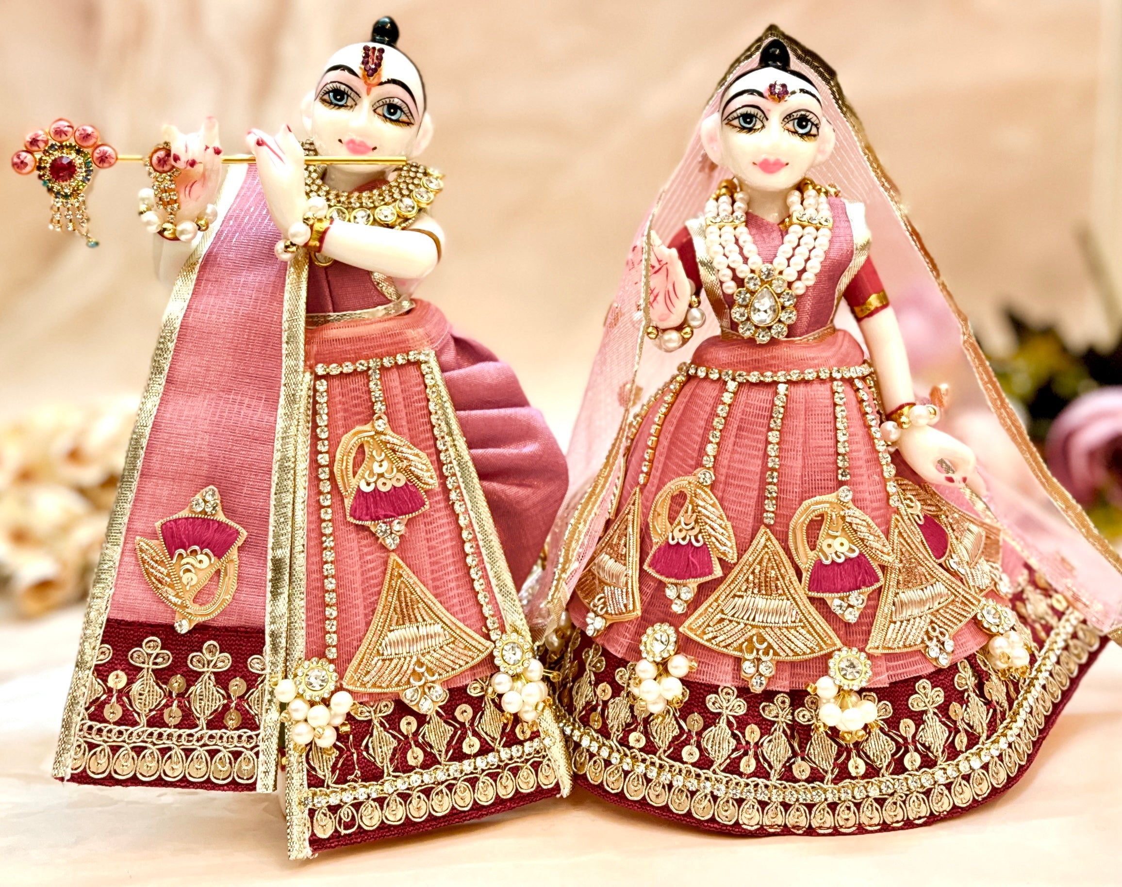 RK / Yugal Sarkar/ Laxmi ji & Ganesh ji Set Peach-Pink Divine Bells Lehenga & Dhoti - 6 piece set