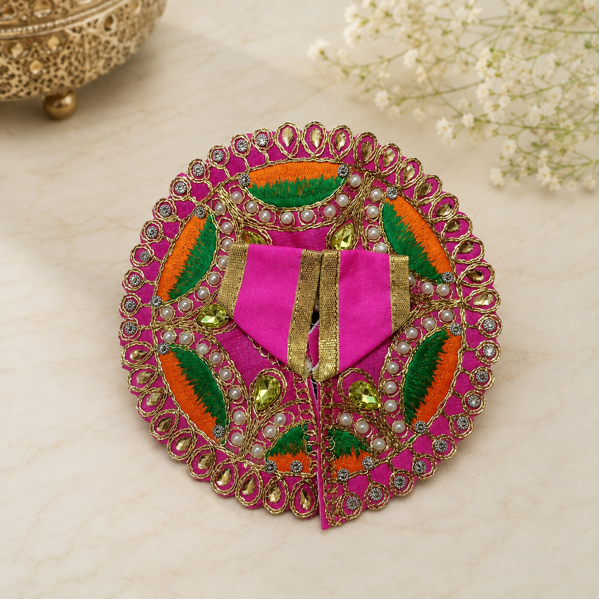 Laddu Gopal Pink Multicolor Pearl & Stone Designer Poshak