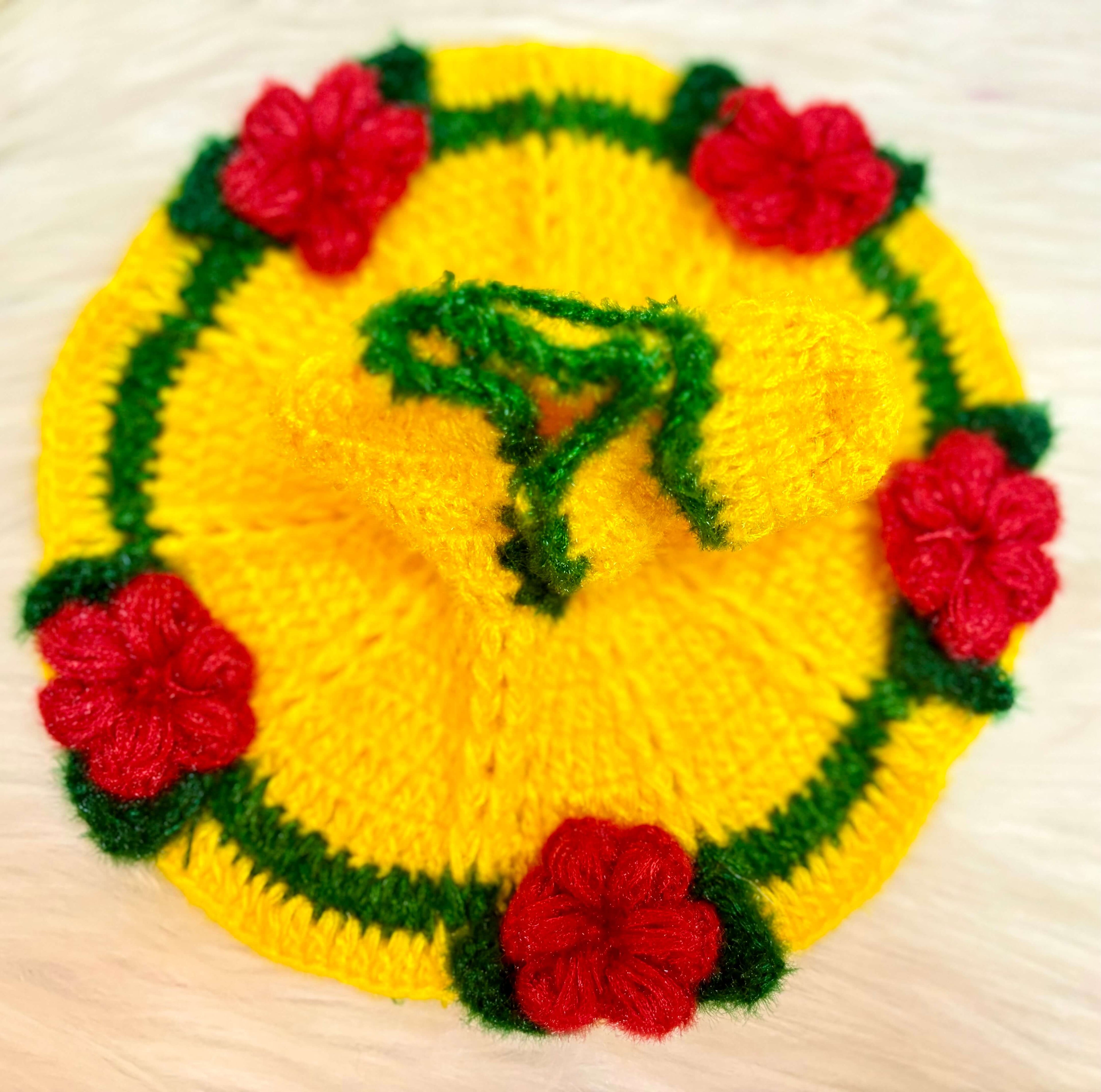 Yellow Green with Red Flower Woollen Laddu Gopal Dress