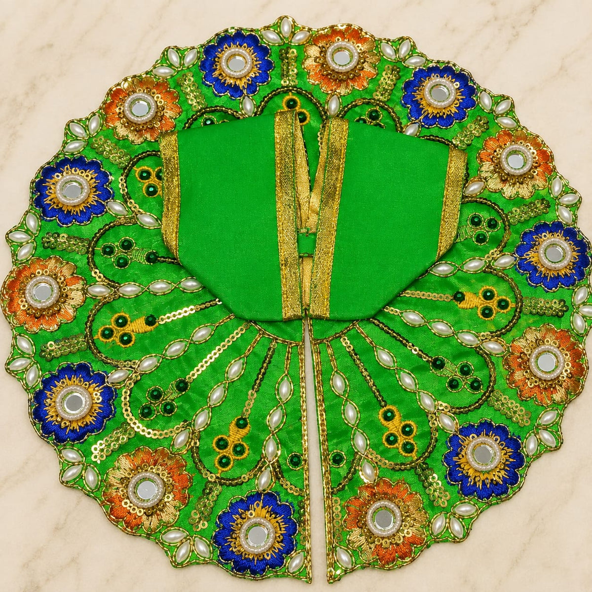 Green Laddu Gopal Poshak with golden embroidery and floral detailing