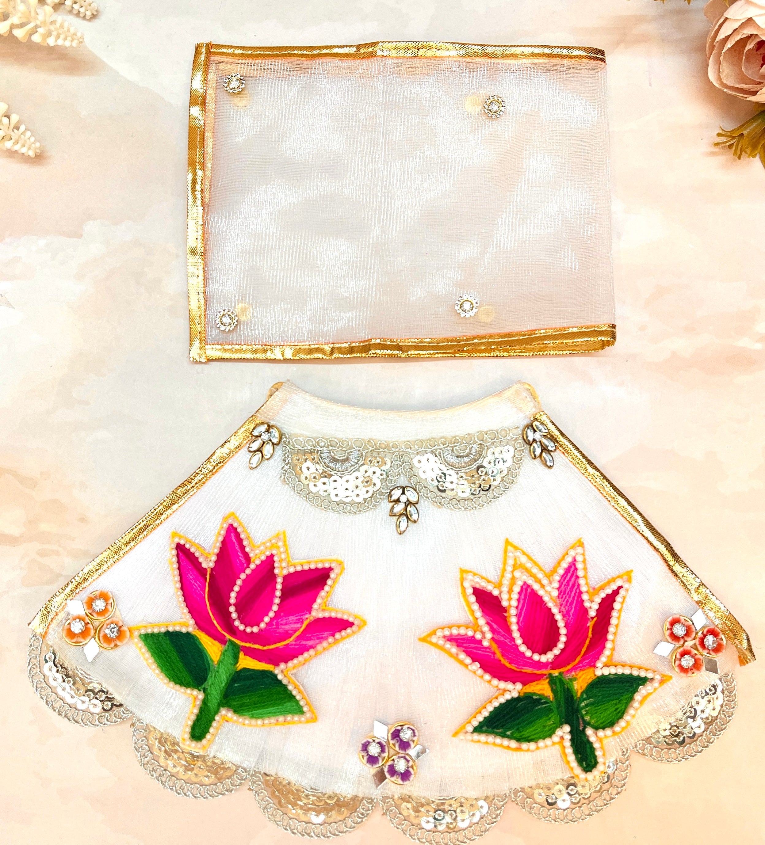 Mata Rani White with Pink Lotus Lehenga, choli & Duppatta- 3 piece set