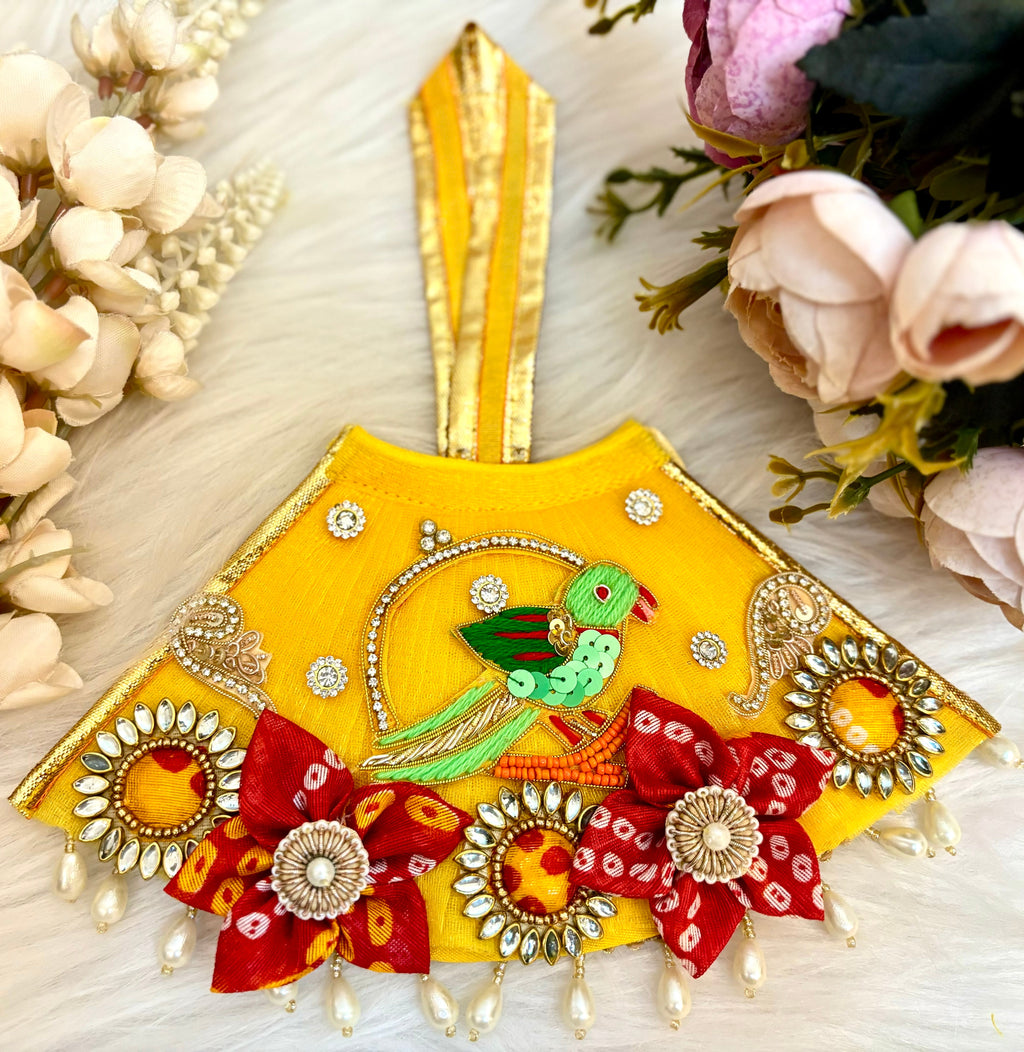 RK /Laxmi ji & Ganesh ji Set Yellow Parrot Lehenga & Dhoti - 6 piece set