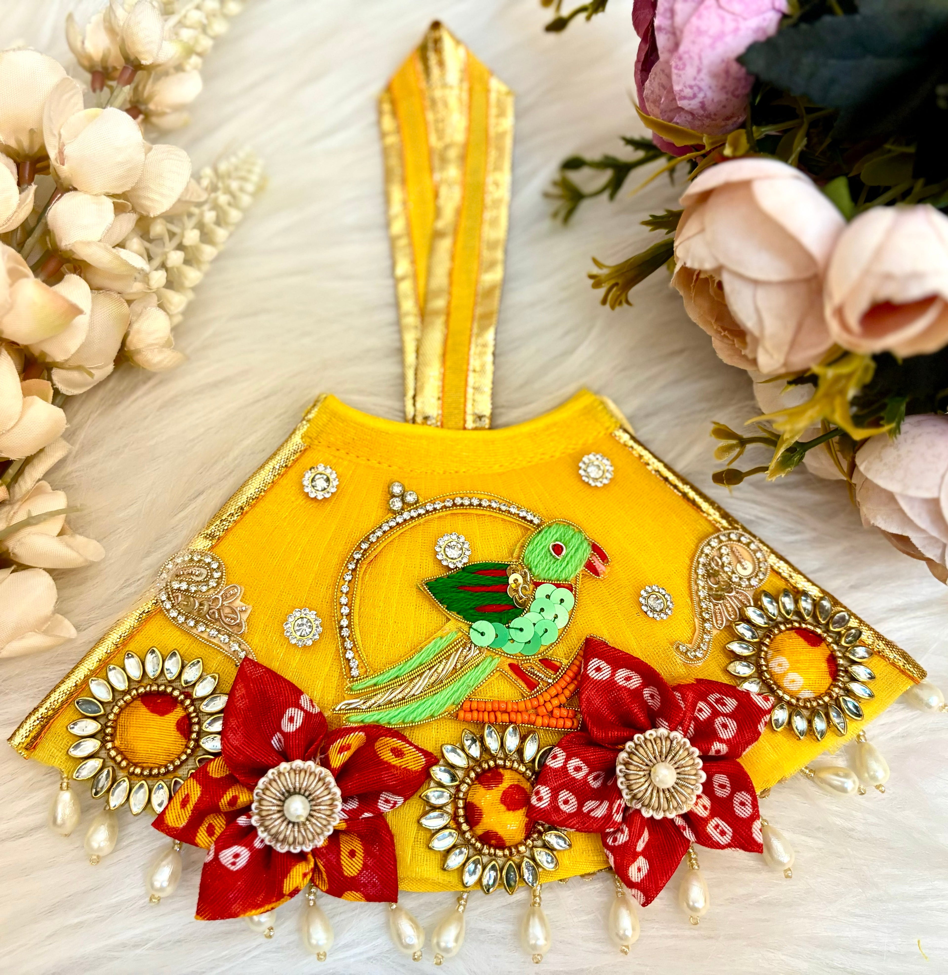 RK /Laxmi ji & Ganesh ji Set Yellow Parrot Lehenga & Dhoti - 6 piece set