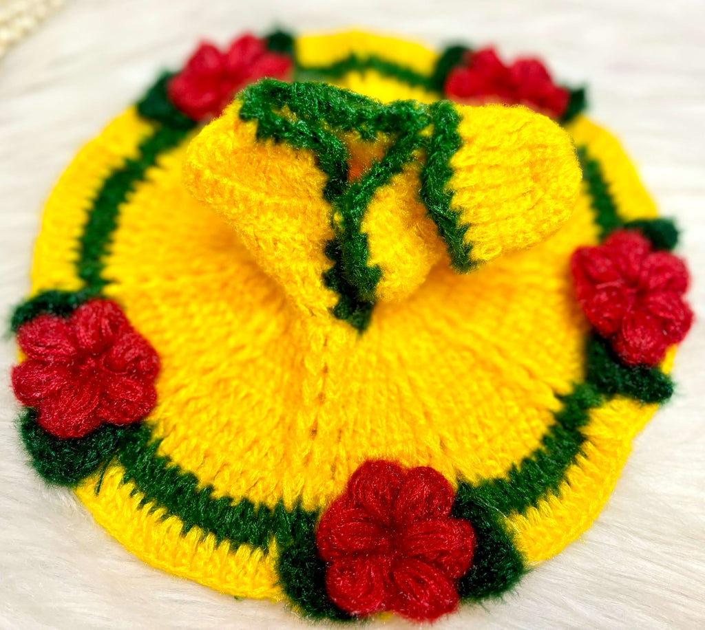 Yellow Green with Red Flower Woollen Laddu Gopal Dress