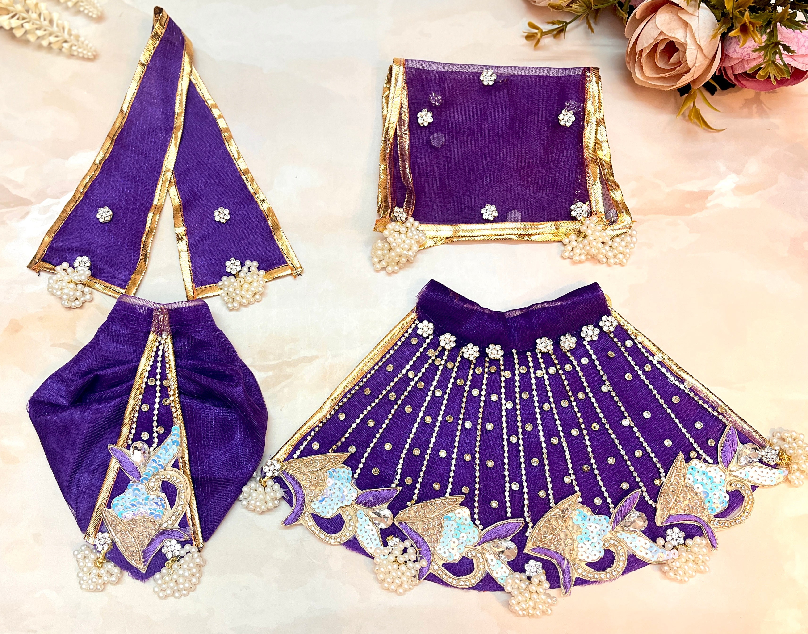 RK / Yugal Sarkar/ Laxmi ji & Ganesh ji Set Dark Purple Lehenga & Dhoti - 7 piece set