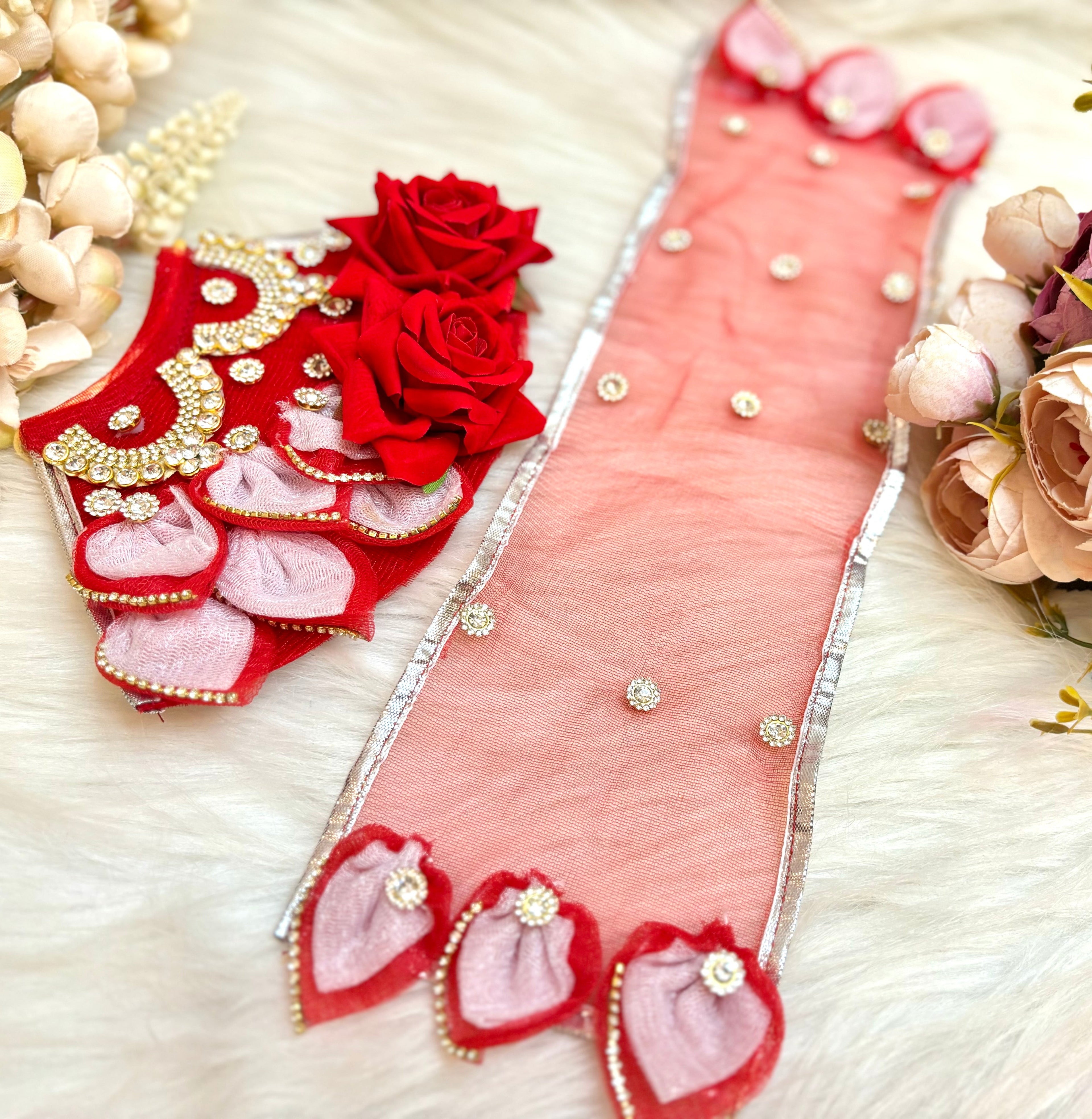 RK / Yugal Sarkar/ Laxmi ji & Ganesh ji Set Red Rose Lehenga & Dhoti - 7 piece set