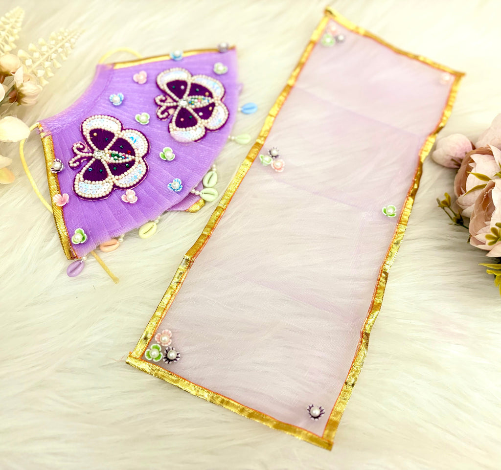 RK /Laxmi ji & Ganesh ji Set Purple Butterfly Lehenga & Dhoti - 6 piece set