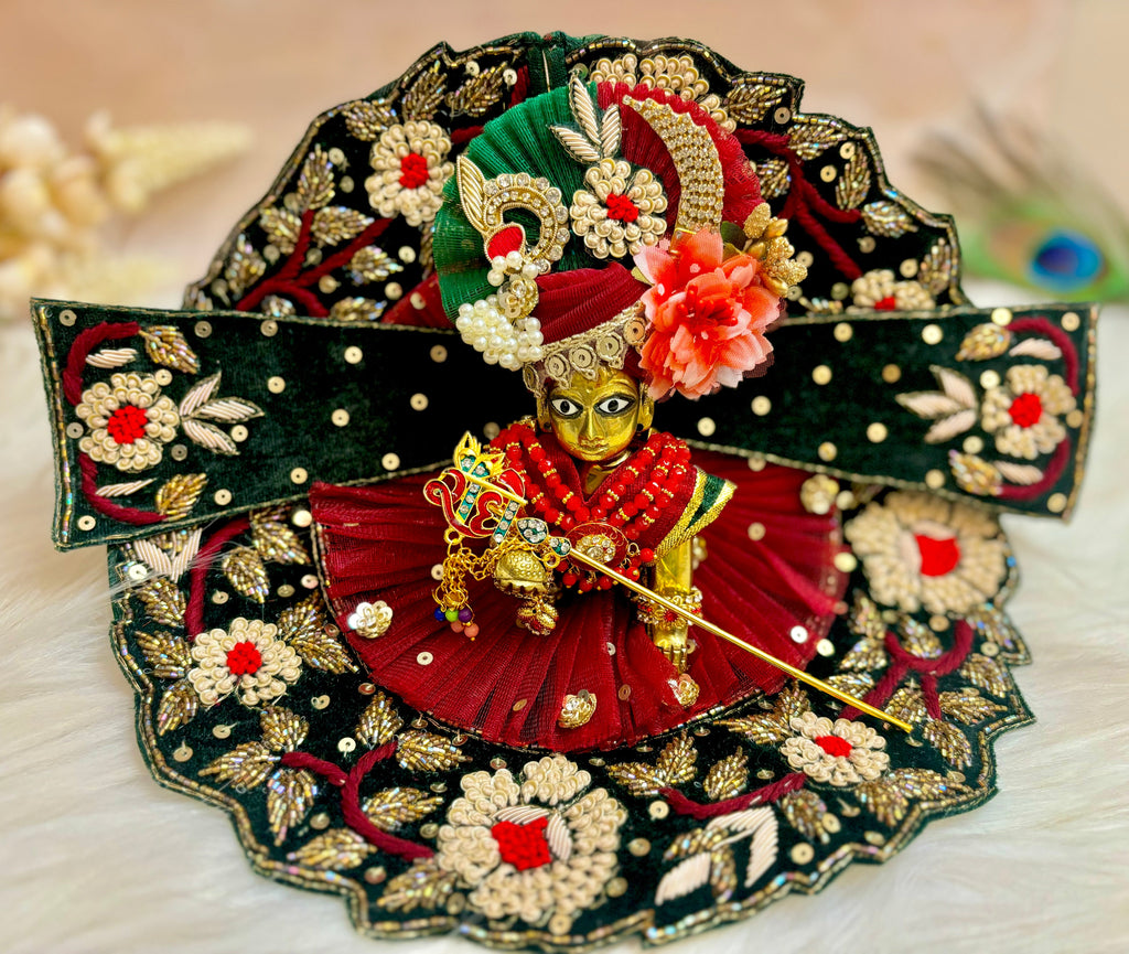 Luxe - Maroon & Bottle Green Velvet in Black Tint Hand Embroidered Laddu Gopal Dress (4 piece set)