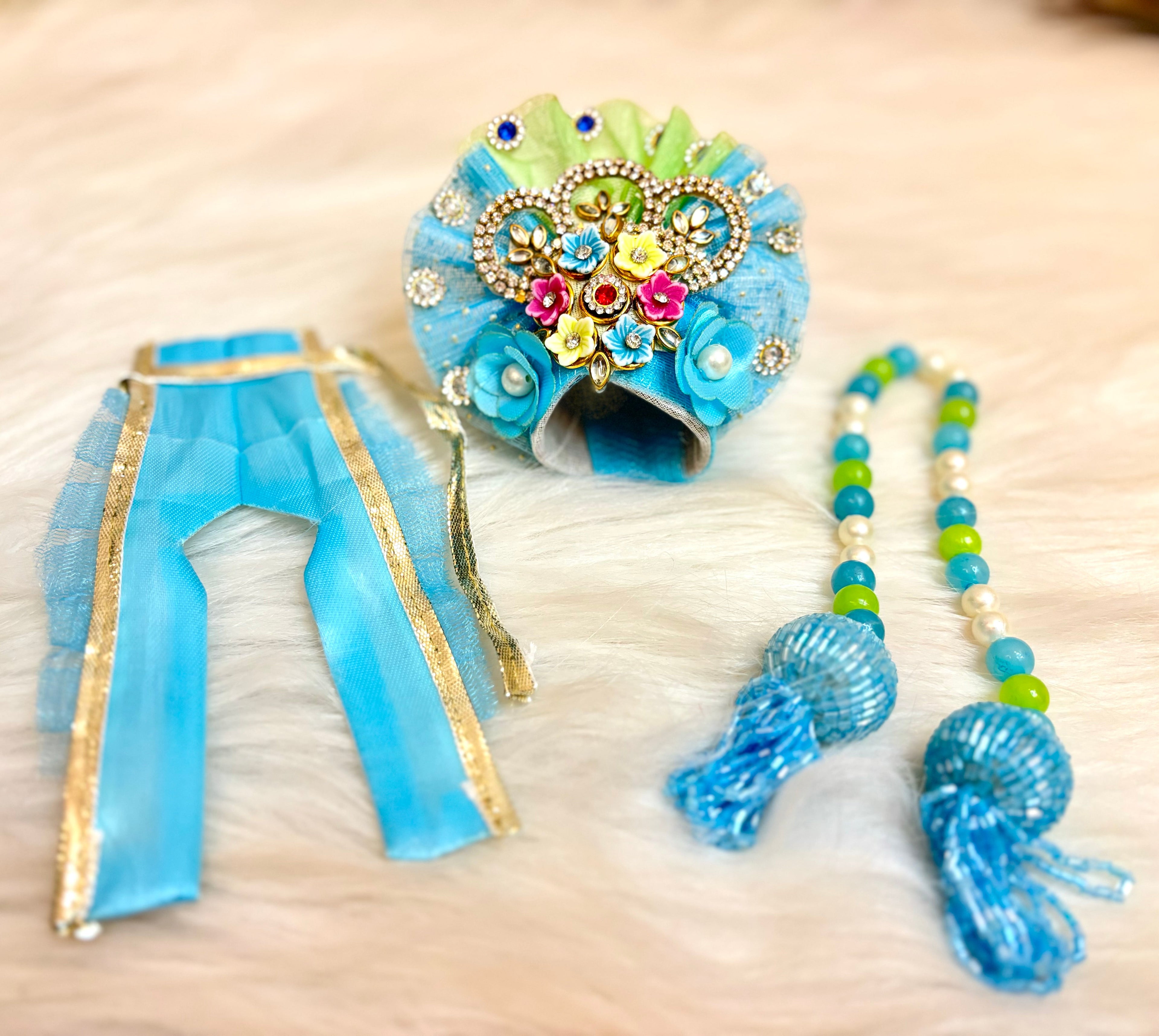 Luxe - Sky blue Pearl Hand Embroidered Laddu Gopal Dress (4 piece set)