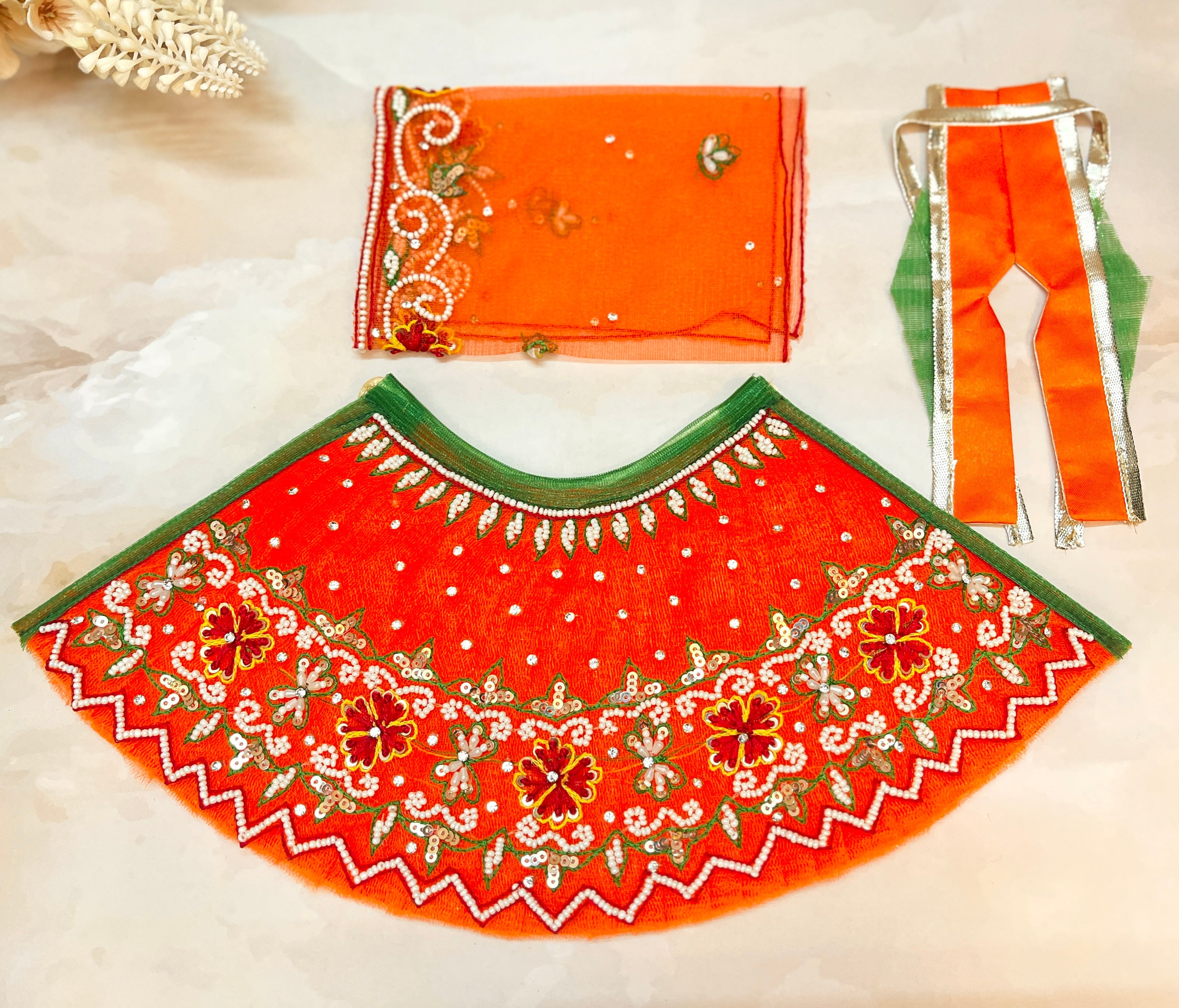 Luxe - Mata Rani Kesari Pearl Lehenga, choli & Duppatta- 3 piece set