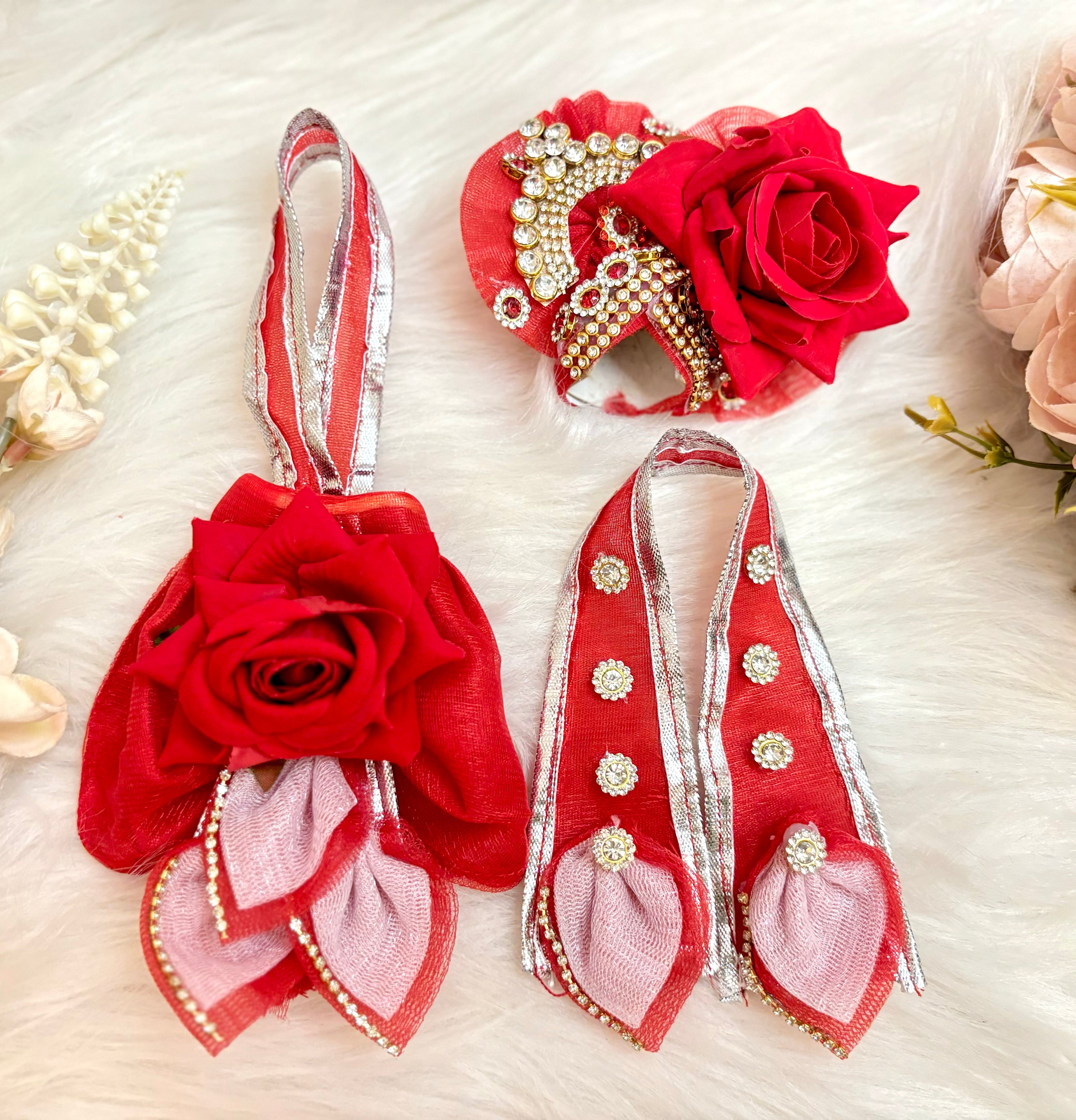 RK / Yugal Sarkar/ Laxmi ji & Ganesh ji Set Red Rose Lehenga & Dhoti - 7 piece set