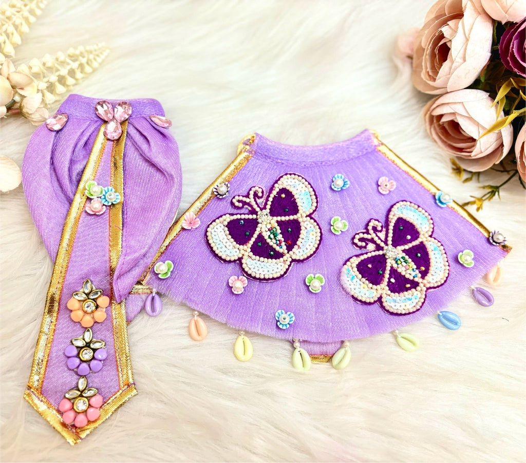RK /Laxmi ji & Ganesh ji Set Purple Butterfly Lehenga & Dhoti - 6 piece set