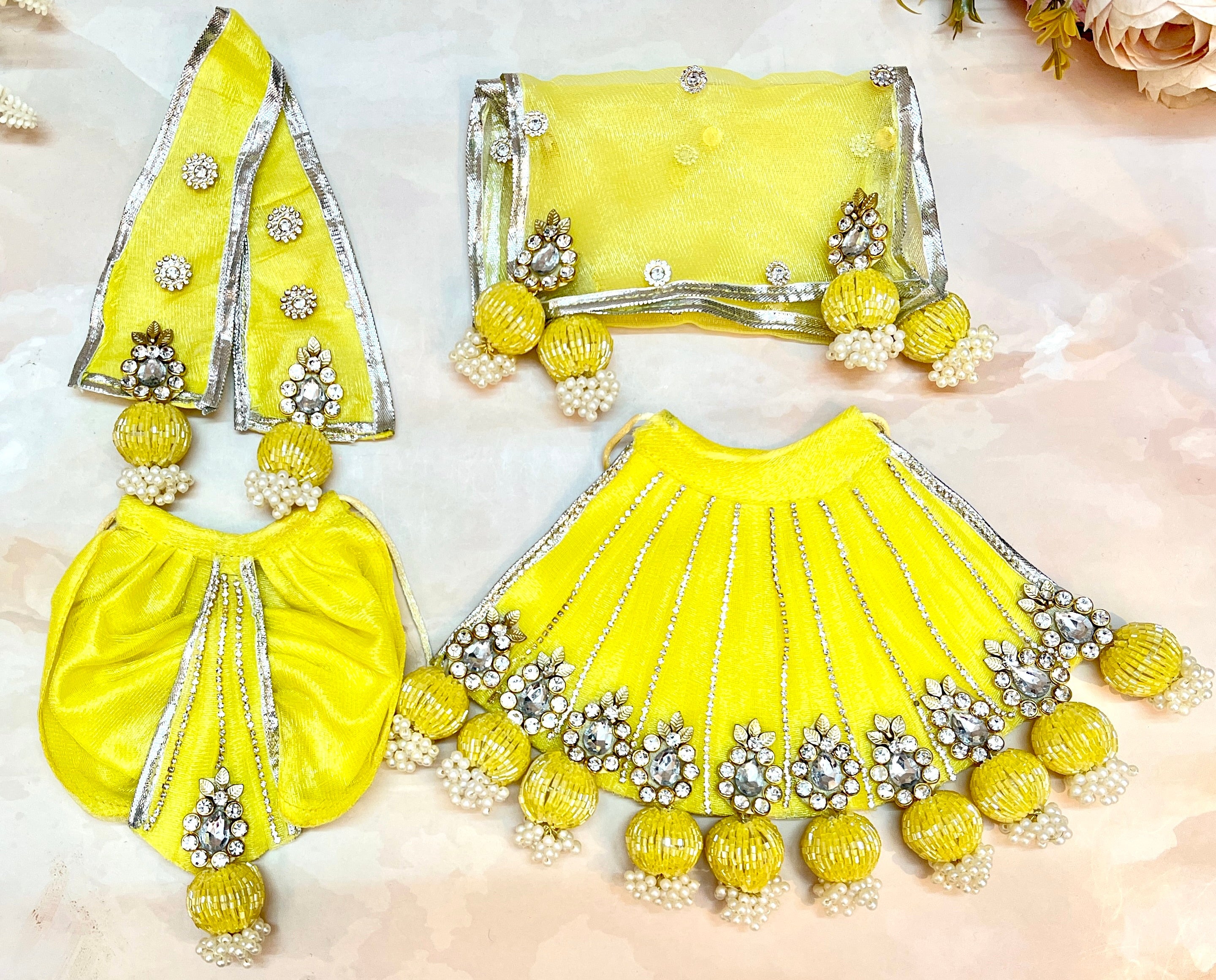 RK / Yugal Sarkar/ Laxmi ji & Ganesh ji Set Yellow Lehenga & Dhoti - 7 piece set