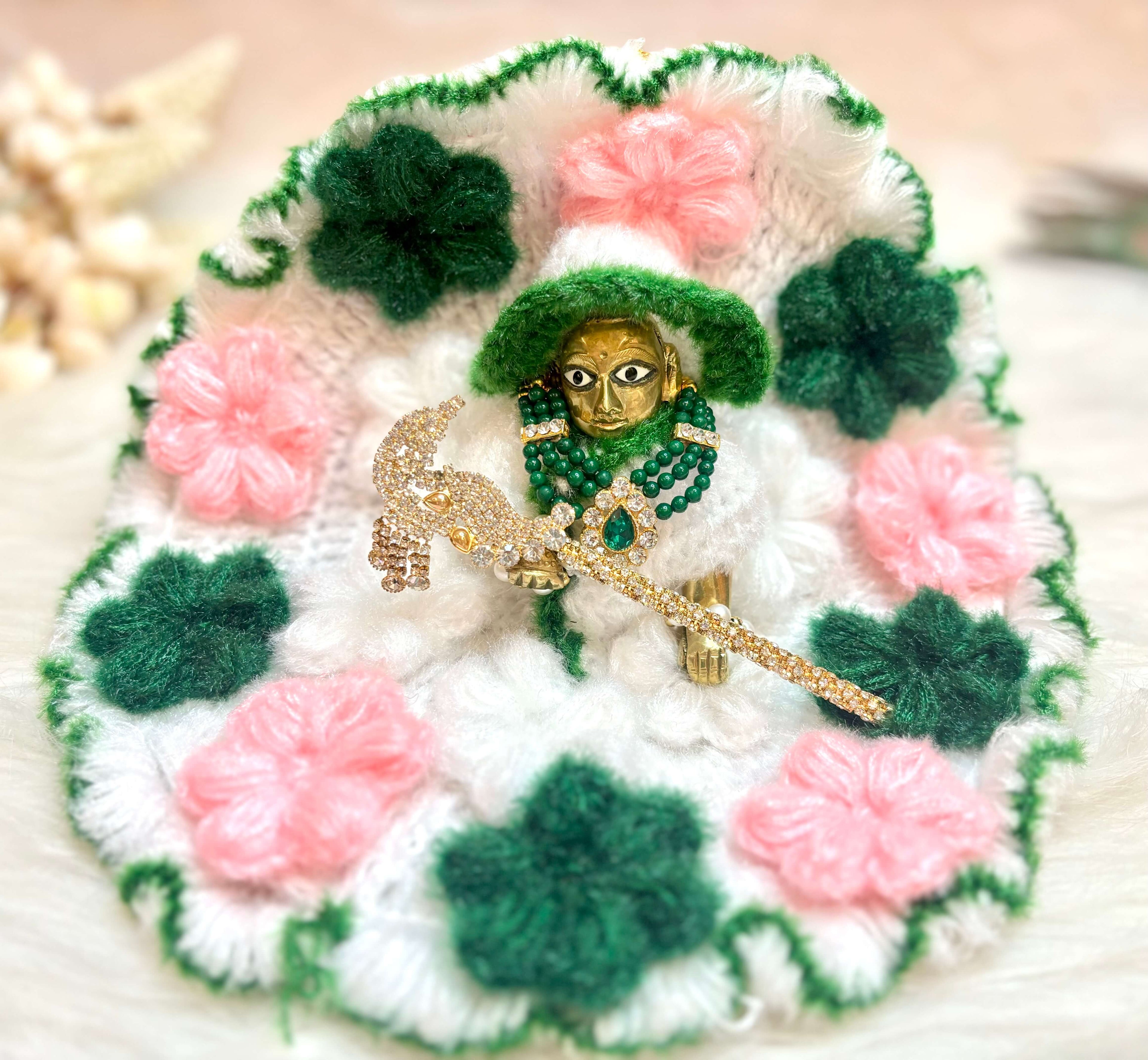Green & Pink Flower Woollen Laddu Gopal Dress