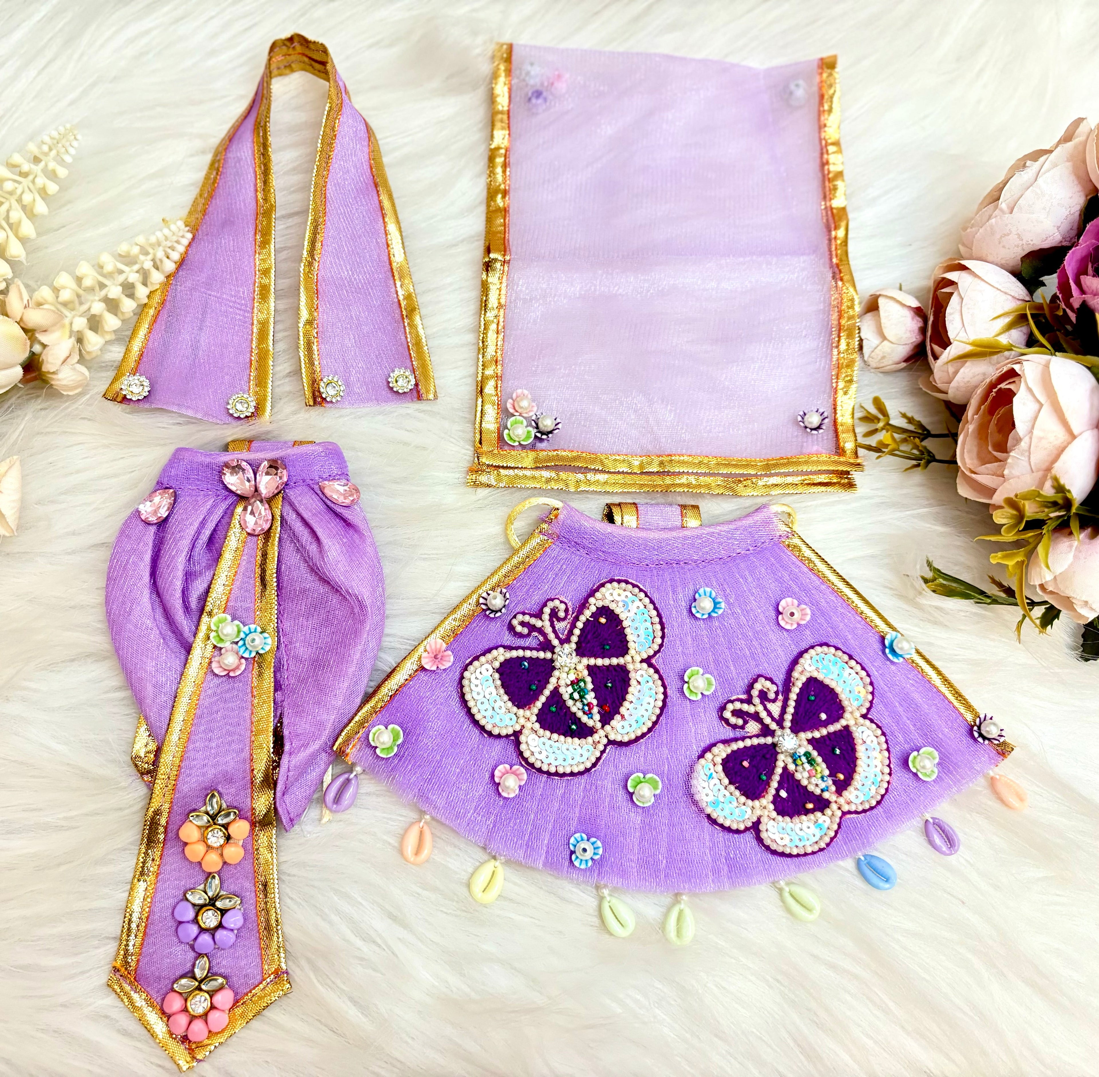 RK /Laxmi ji & Ganesh ji Set Purple Butterfly Lehenga & Dhoti - 6 piece set